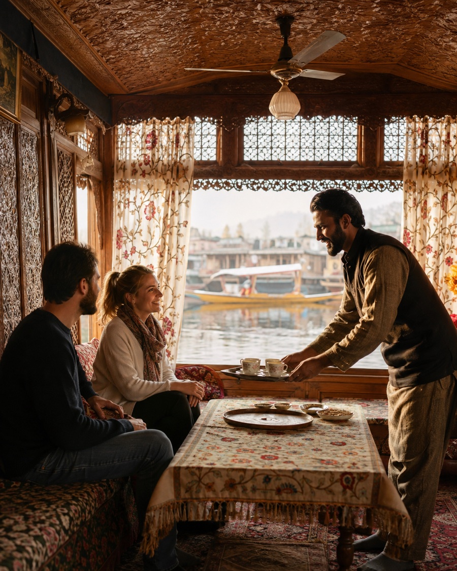 A local Kashmiri host welcoming travellers with kahwa on a Dal Lake houseboat
